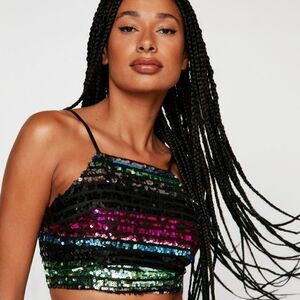 Nasty Gal Multicolored Stripe Sequin Spaghetti Strap Tie Back Top